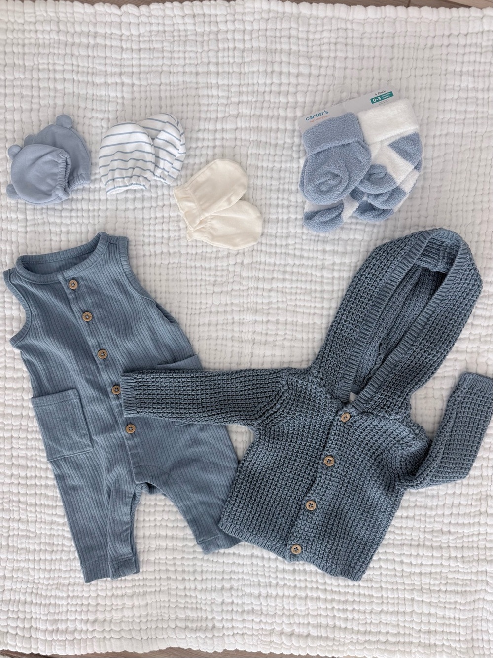 Carter’s Newborn Blue Knit Hooded Cardigan & Ribbed Romper Set